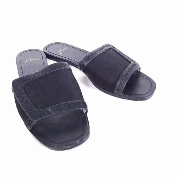 J. Crew Framed Slide Sandals Flat Black Women's 7 Canvas Leather - Picture 1 of 8